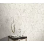 Elle Decoration 4 Törtfehér-gyöngyház levél mintás (lángálló, mosható) vlies-vinyl tapéta