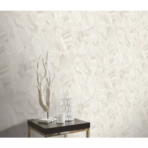 Elle Decoration 4 Törtfehér-gyöngyház levél mintás (lángálló, mosható) vlies-vinyl tapéta