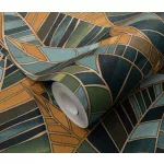 Elle Decoration 4 Türkiz-sárga-arany levél mintás (lángálló, mosható) vlies-vinyl tapéta