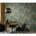 Elle Decoration 4 Türkiz-sárga-arany levél mintás (lángálló, mosható) vlies-vinyl tapéta