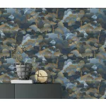 Elle Decoration 4 Sötétkék-arany fa és levél mintás (lángálló, mosható) vlies-vinyl tapéta