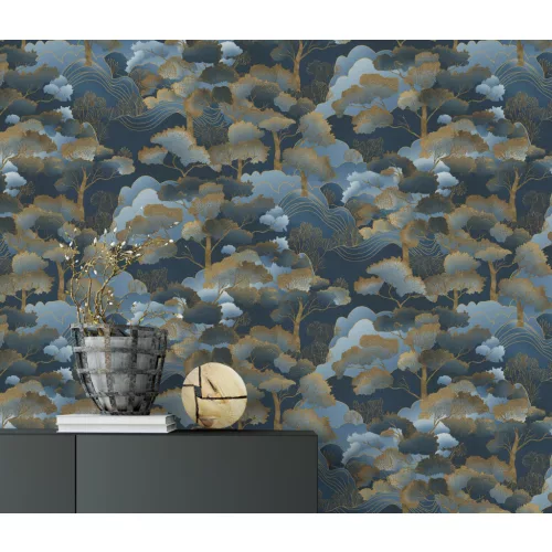 Elle Decoration 4 Sötétkék-arany fa és levél mintás (lángálló, mosható) vlies-vinyl tapéta