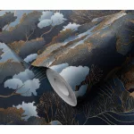 Elle Decoration 4 Sötétkék-arany fa és levél mintás (lángálló, mosható) vlies-vinyl tapéta