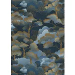 Elle Decoration 4 Sötétkék-arany fa és levél mintás (lángálló, mosható) vlies-vinyl tapéta