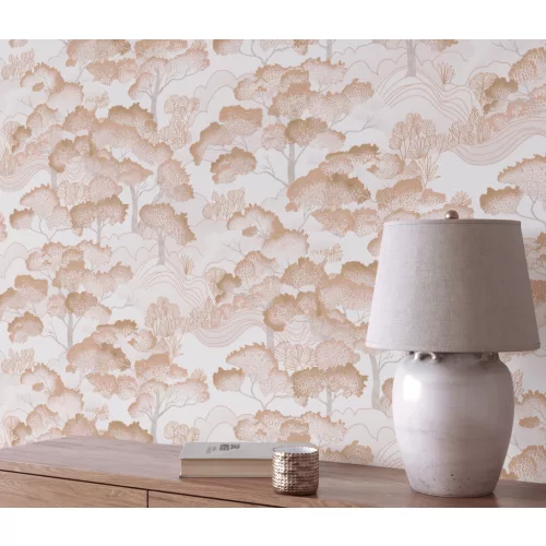 Elle Decoration 4 Fehér-bronz fa és levél mintás (lángálló, mosható) vlies-vinyl tapéta