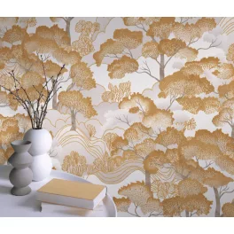   Elle Decoration 4 Törtfehér-arany fa és levél mintás (lángálló, mosható) vlies-vinyl tapéta