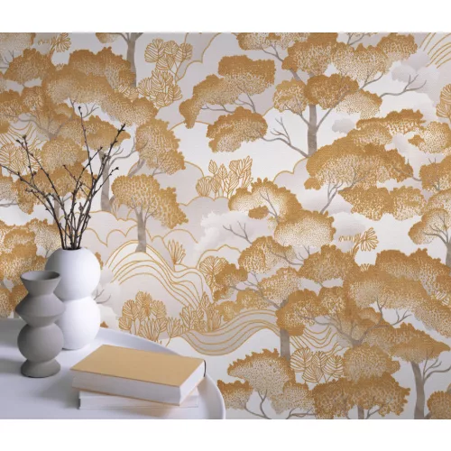 Elle Decoration 4 Törtfehér-arany fa és levél mintás (lángálló, mosható) vlies-vinyl tapéta