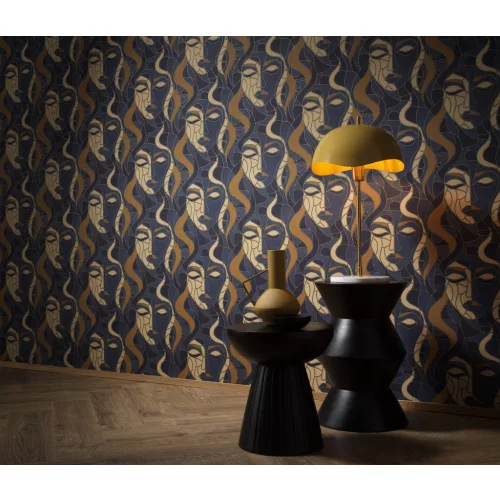 Elle Decoration 4 Kék-arany női arc mintás (lángálló, mosható) vlies-vinyl tapéta