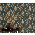 Elle Decoration 4 Türkizzöld-arany női arc mintás (lángálló, mosható) vlies-vinyl tapéta