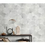 Elysium fehér alapon halványszürke szaténfényű Ginkgo Biloba (lángálló, mosható) vlies-vinyl tapéta