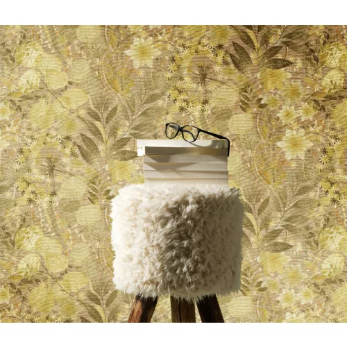 Secret Garden: Arany alapon sárga virágok sárgás-zöldes levelekkel (lángálló, mosható) vlies-vinyl tapéta