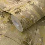 Secret Garden: Arany alapon sárga virágok sárgás-zöldes levelekkel (lángálló, mosható) vlies-vinyl tapéta