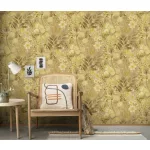 Secret Garden: Arany alapon sárga virágok sárgás-zöldes levelekkel (lángálló, mosható) vlies-vinyl tapéta