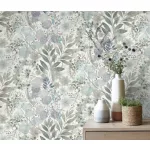 Secret Garden: Fehér alapon petrol pasztelles zöldes virágok levelekkel (lángálló, mosható) vlies-vinyl tapéta