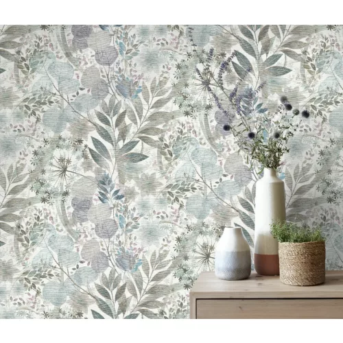 Secret Garden: Fehér alapon petrol pasztelles zöldes virágok levelekkel (lángálló, mosható) vlies-vinyl tapéta