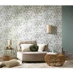 Secret Garden: Fehér alapon petrol pasztelles zöldes virágok levelekkel (lángálló, mosható) vlies-vinyl tapéta