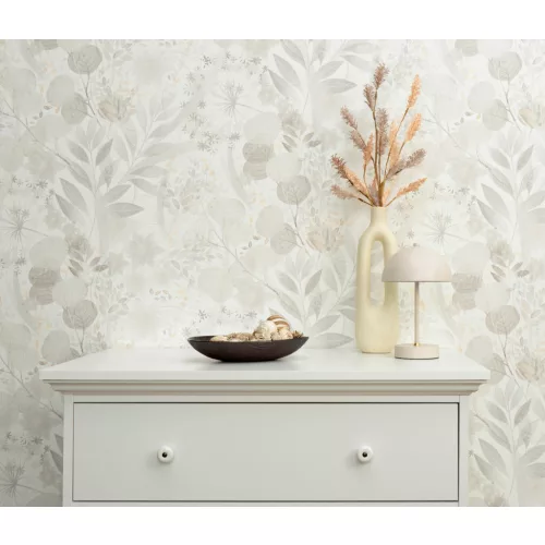 Secret Garden: Fehér alapon halványszürke kis halvány bézs virágok levelekkel (lángálló, mosható) vlies-vinyl tapéta