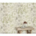 Secret Garden: Fehér alapon zöld-szürle, kis bézses virágok levelekkel (lángálló, mosható) vlies-vinyl tapéta