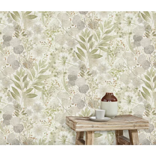 Secret Garden: Fehér alapon zöld-szürle, kis bézses virágok levelekkel (lángálló, mosható) vlies-vinyl tapéta