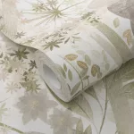 Secret Garden: Fehér alapon zöld-szürle, kis bézses virágok levelekkel (lángálló, mosható) vlies-vinyl tapéta