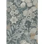 Secret Garden: Farmerkékes alapon bézs-szürke virágok levelekkel (lángálló, mosható) vlies-vinyl tapéta