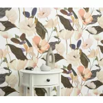 Secret Garden: Fehér alapon barack színű nagy magnóliás (lángálló, mosható) vlies-vinyl tapéta