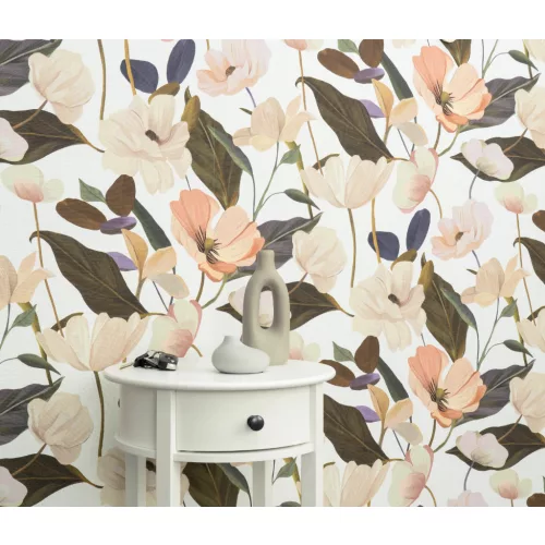Secret Garden: Fehér alapon barack színű nagy magnóliás (lángálló, mosható) vlies-vinyl tapéta