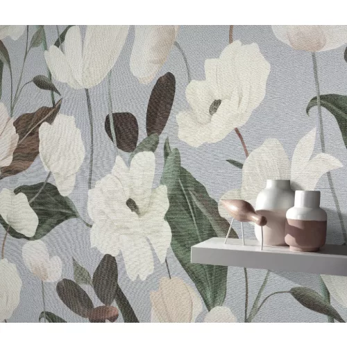 Secret Garden: Liláskék alapon fehér színű nagy magnóliás (lángálló, mosható) vlies-vinyl tapéta