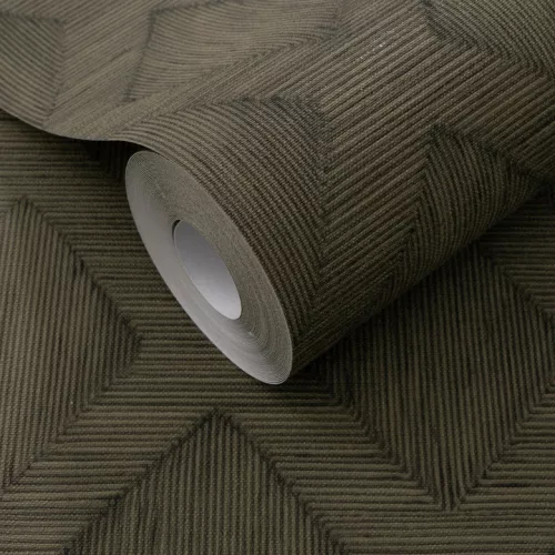 Secret Garden: Sötétbarnás-zöld beütéssel geometria mintás (lángálló, mosható) vlies-vinyl tapéta