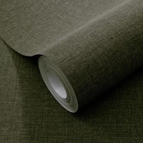 Secret Garden: Egyszínű sötétzöld lenes hatású textúrájú (lángálló, mosható) vlies-vinyl tapéta