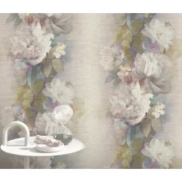  Mályvás alapon nagy színes virágos virágos strukturált vlies-vinyl tapéta