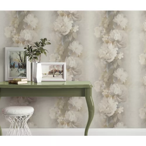 Nagy fehér bézses virágos strukturált vlies-vinyl tapéta