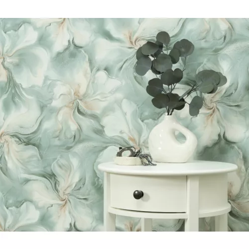 Türkiz zöldes virág mintás csillámos elegáns strukturált vlies-vinyl tapéta
