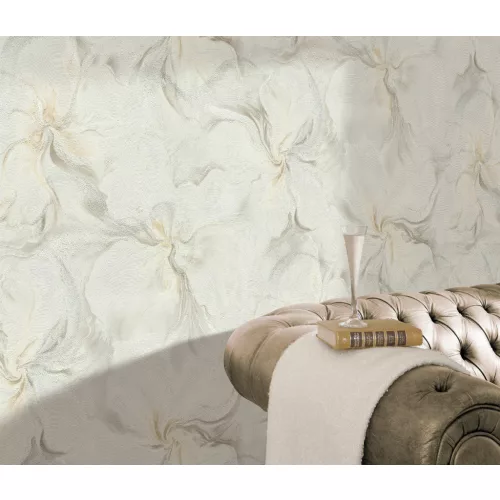 Bézs-fehér-barnás virág mintás csillámos elegáns strukturált vlies-vinyl tapéta