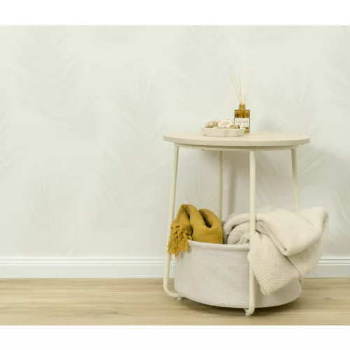 Törtfehér alapon fehér tollas csillámos elegáns strukturált vlies-vinyl tapéta