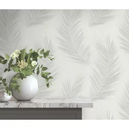   Fehér alapon szürke tollas csillámos elegáns strukturált vlies-vinyl tapéta