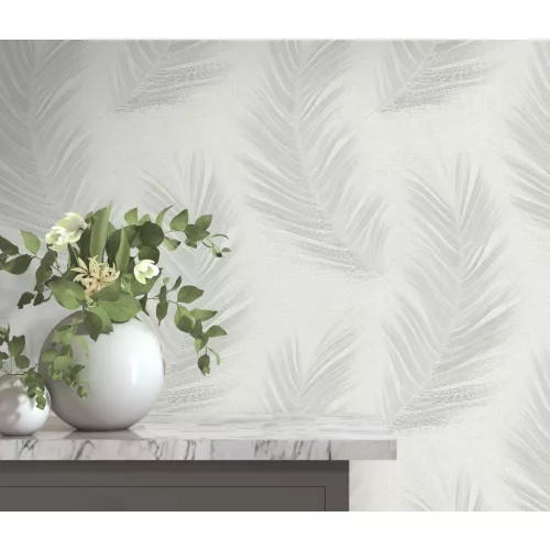 Fehér alapon szürke tollas csillámos elegáns strukturált vlies-vinyl tapéta