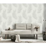 Fehér alapon szürke tollas csillámos elegáns strukturált vlies-vinyl tapéta