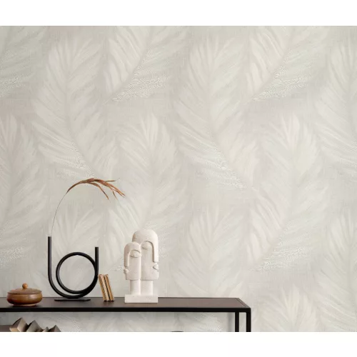 Szürkésbarna alapon tollas csillámos elegáns strukturált vlies-vinyl tapéta