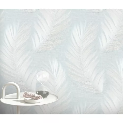 H.kék alapon fehér tollas csillámos elegáns strukturált vlies-vinyl tapéta