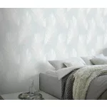 H.kék alapon fehér tollas csillámos elegáns strukturált vlies-vinyl tapéta