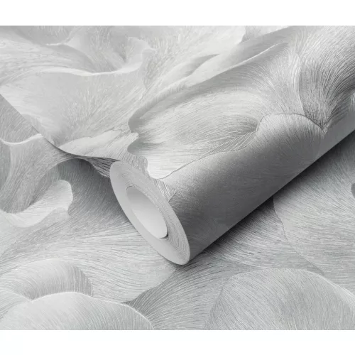 Ezüst csillogó metálos Ginkgo mintás (lángálló, mosható) vlies-vinyl tapéta