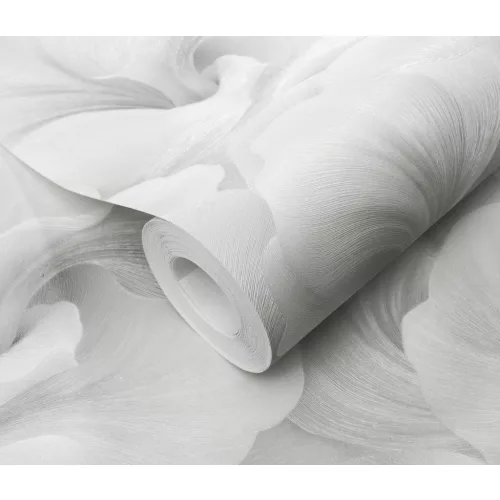 Ezüst-szürke-krém csillogó metálos Ginkgo mintás (lángálló, mosható) vlies-vinyl tapéta