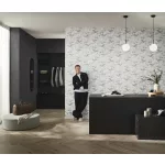 Ezüst-szürke-krém csillogó metálos Ginkgo mintás (lángálló, mosható) vlies-vinyl tapéta