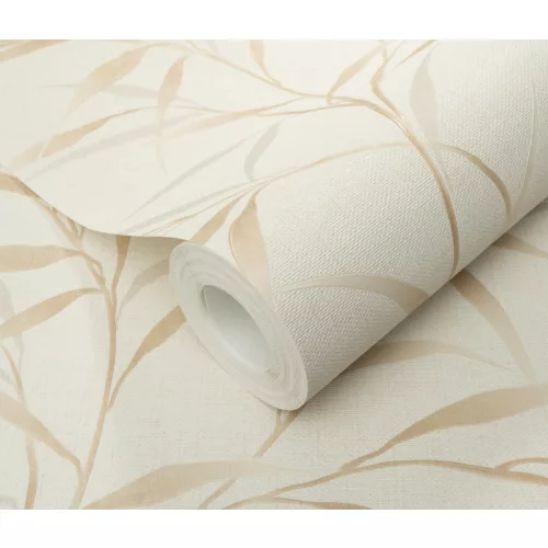 Krém alapon bézses bambusz levél mintás (lángálló, mosható) vlies-vinyl tapéta