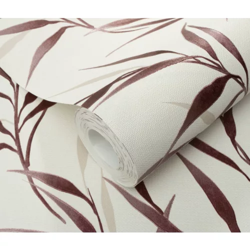 Krém alapon bordó bambusz levél mintás (lángálló, mosható) vlies-vinyl tapéta