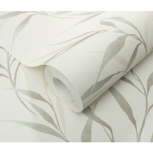 Krém alapon menta bambusz levél mintás (lángálló, mosható) vlies-vinyl tapéta