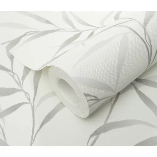 Törtfehér alapon ezüst szürke bambusz levél mintás (lángálló, mosható) vlies-vinyl tapéta