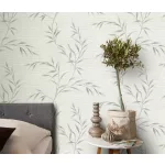 Törtfehér alapon ezüst szürke bambusz levél mintás (lángálló, mosható) vlies-vinyl tapéta