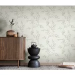 Törtfehér alapon ezüst szürke bambusz levél mintás (lángálló, mosható) vlies-vinyl tapéta